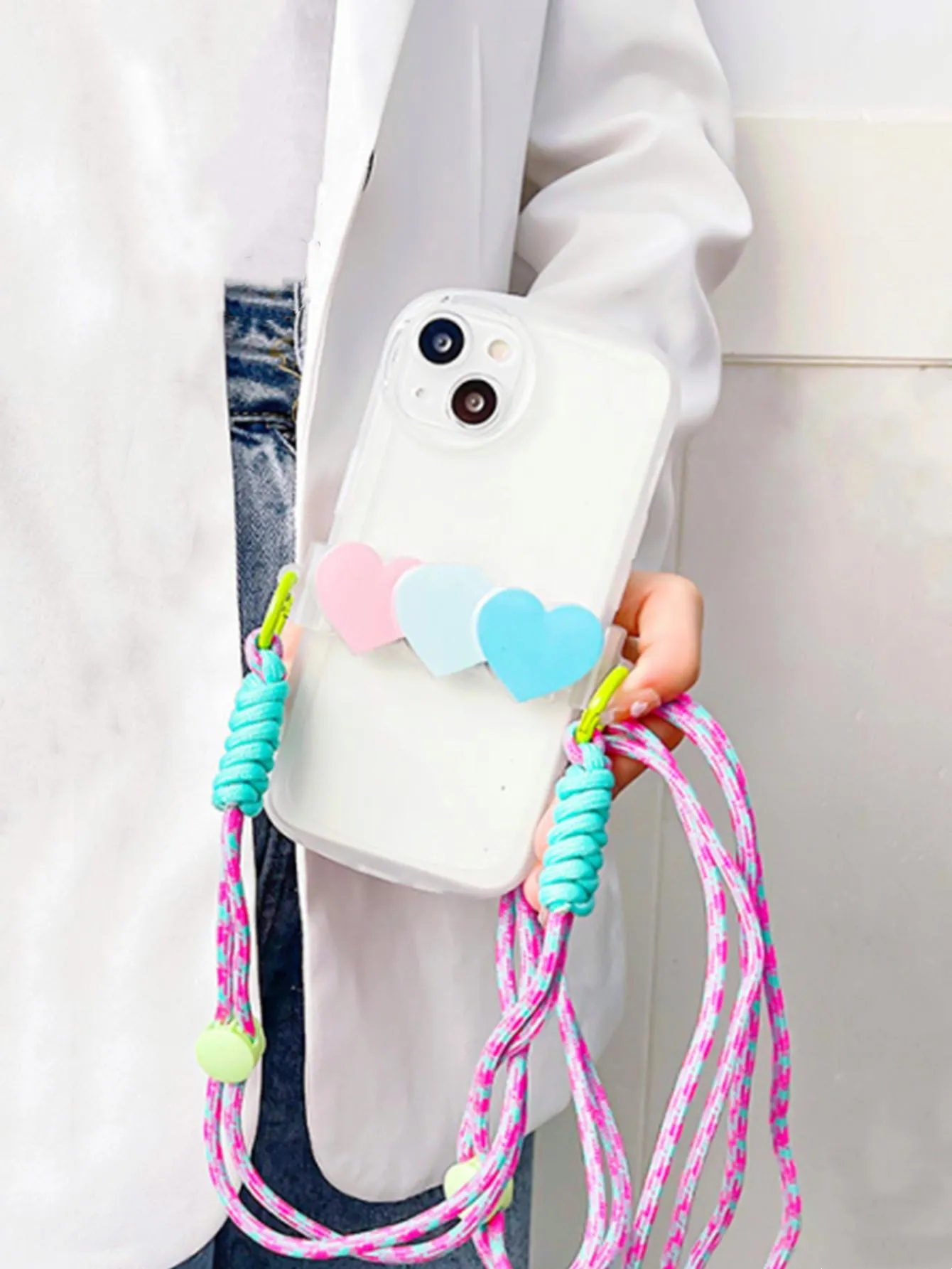 1pc Colorblock Phone Lanyard With Heart Decor Back Clip