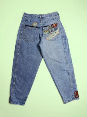 80's JACK & SONS High Waist Embroidery Patch Baggy Jeans - M-L (32")