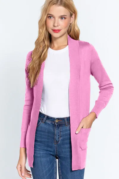 Active Basic Ribbed Trim Open Front Cardigan Sweater