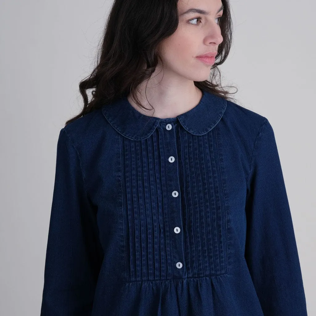 Adrianne Pleated Denim Blouse | Dark Blue