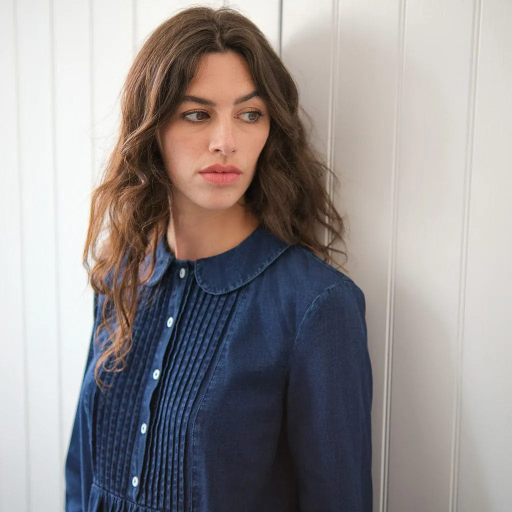 Adrianne Pleated Denim Blouse | Dark Blue