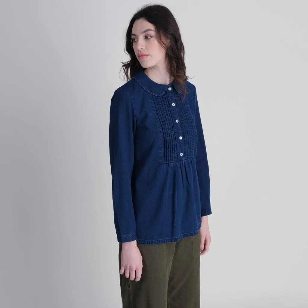 Adrianne Pleated Denim Blouse | Dark Blue