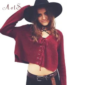 ArtSu 2017 Long Sleeve Sweater Casual Loose Preppy Crop Tops Autumn Short Knitted Lace Up Sweaters Jumper Cardigan ASSW30010