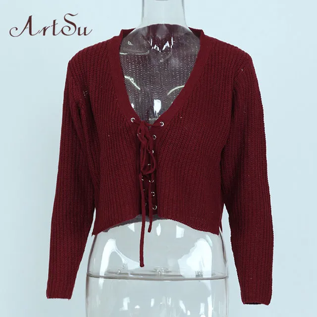 ArtSu 2017 Long Sleeve Sweater Casual Loose Preppy Crop Tops Autumn Short Knitted Lace Up Sweaters Jumper Cardigan ASSW30010