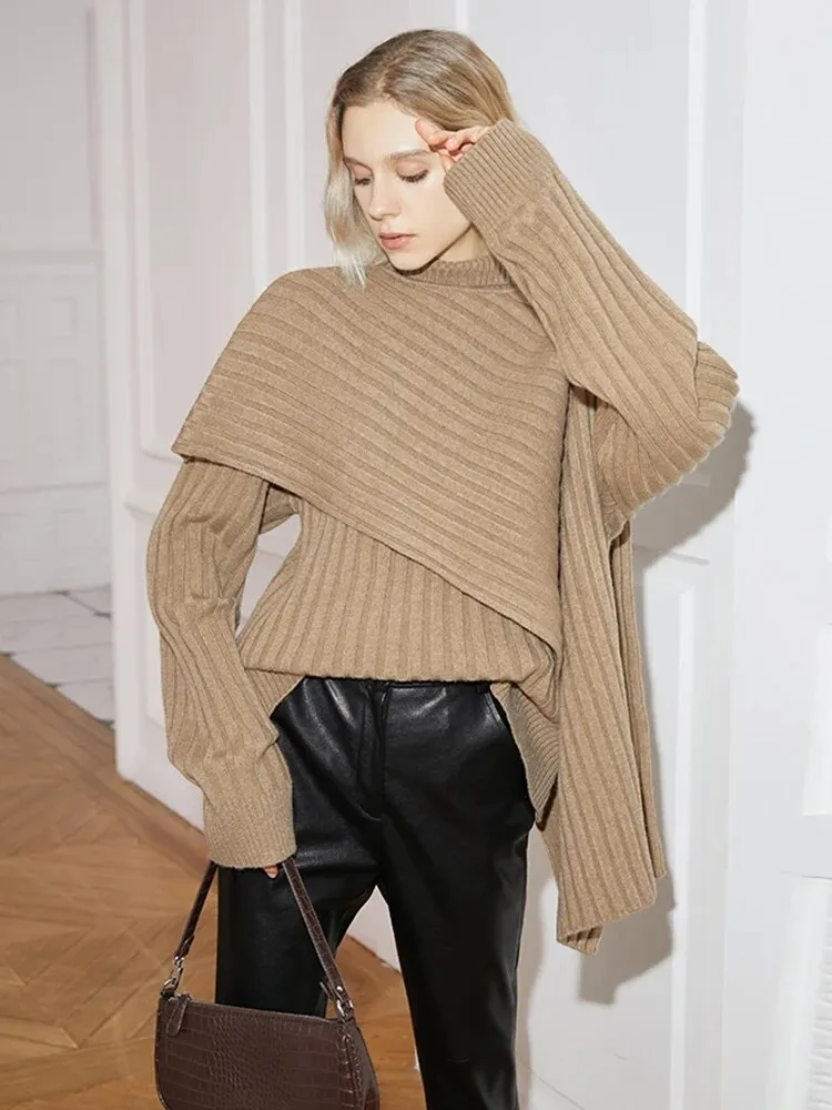 Asymmetrical Hem Sweater For Women Turtleneck Long Sleeve Patchwork Solid Minimalist Sweaters Female Winter Clothes