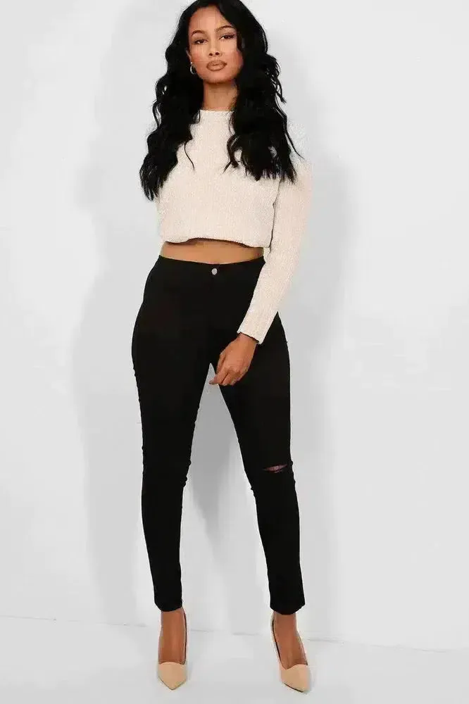 Black Slash Knee Plain Front High Waist Jeans