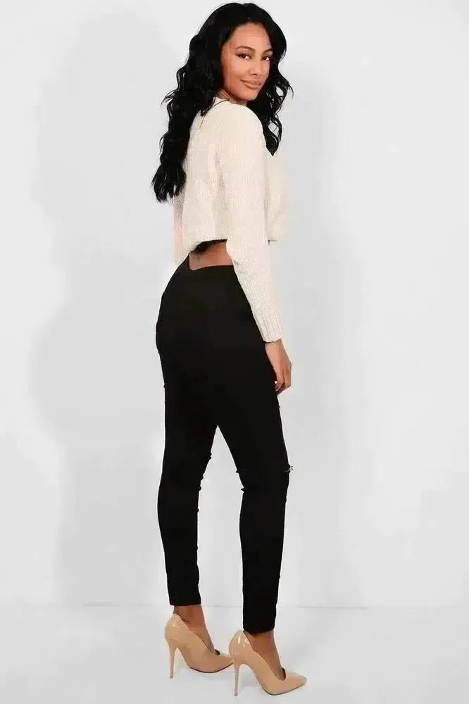 Black Slash Knee Plain Front High Waist Jeans