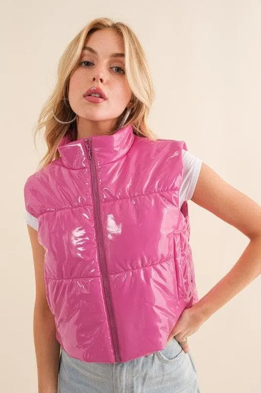 BLUE B Gloss Shiny PU Quilted Puffer Zip Up Crop Vest