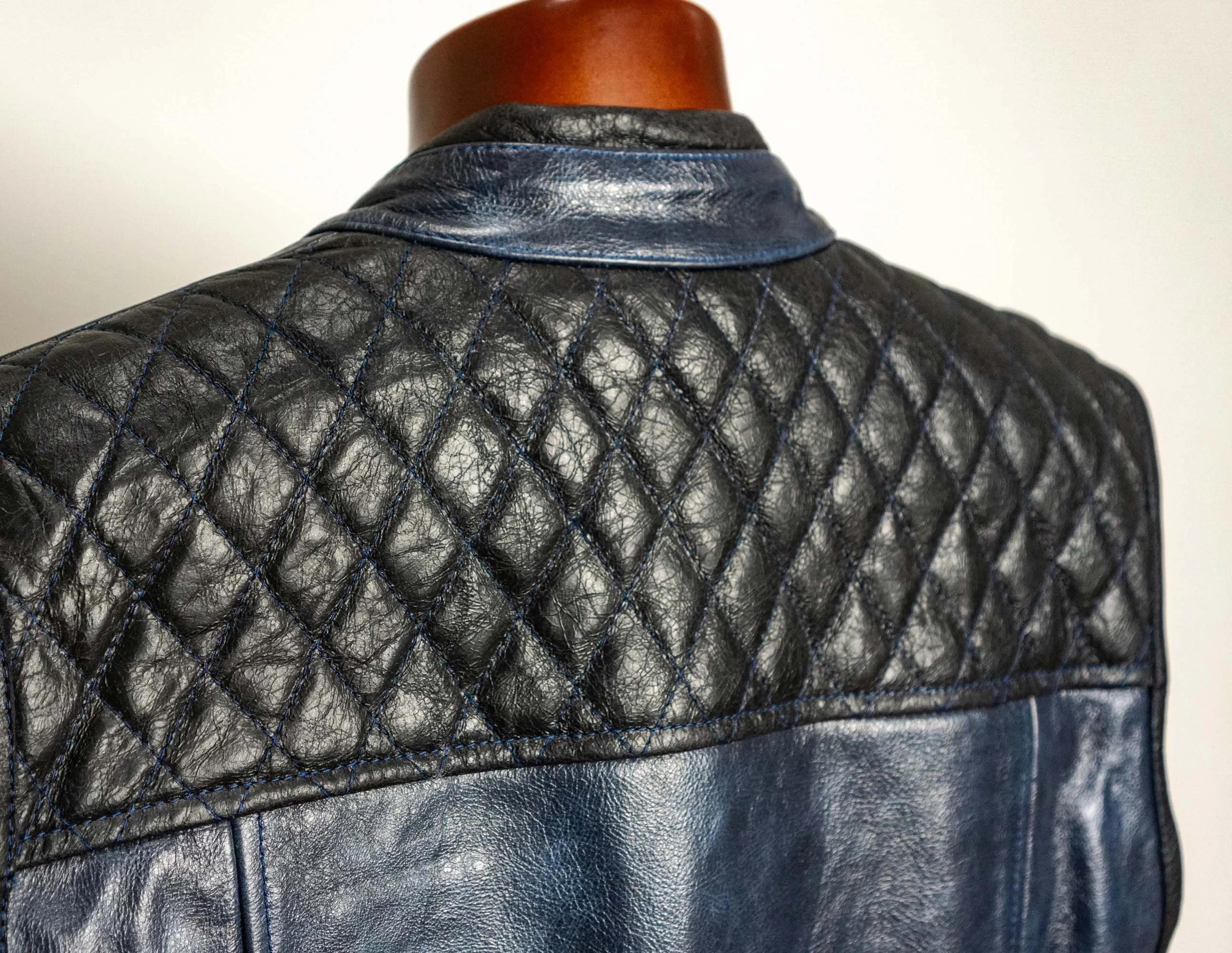 Blue Black Leather Vest, Motorcycle Vest Diamond Stitched | HandCrafted