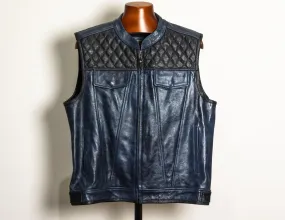 Blue Black Leather Vest, Motorcycle Vest Diamond Stitched | HandCrafted