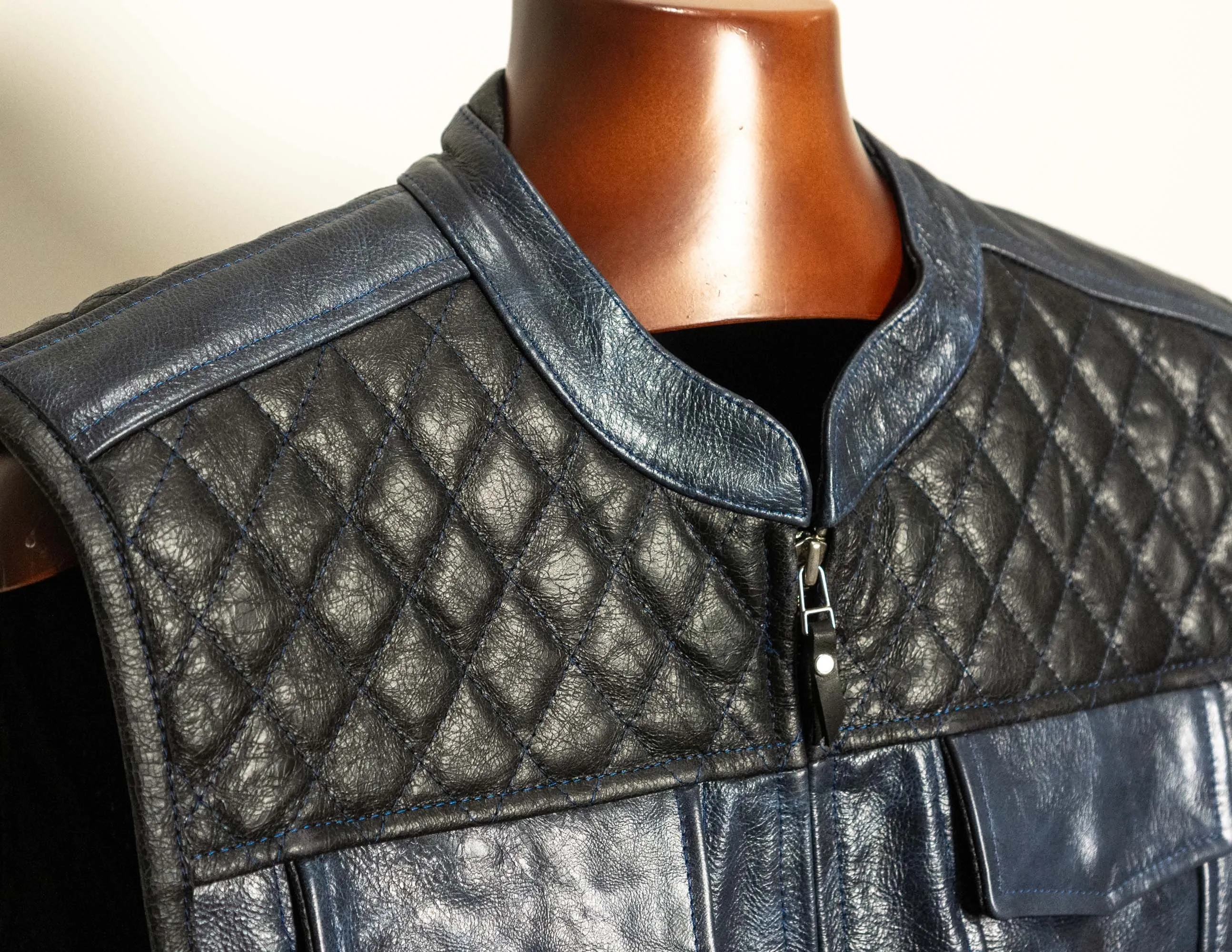 Blue Black Leather Vest, Motorcycle Vest Diamond Stitched | HandCrafted