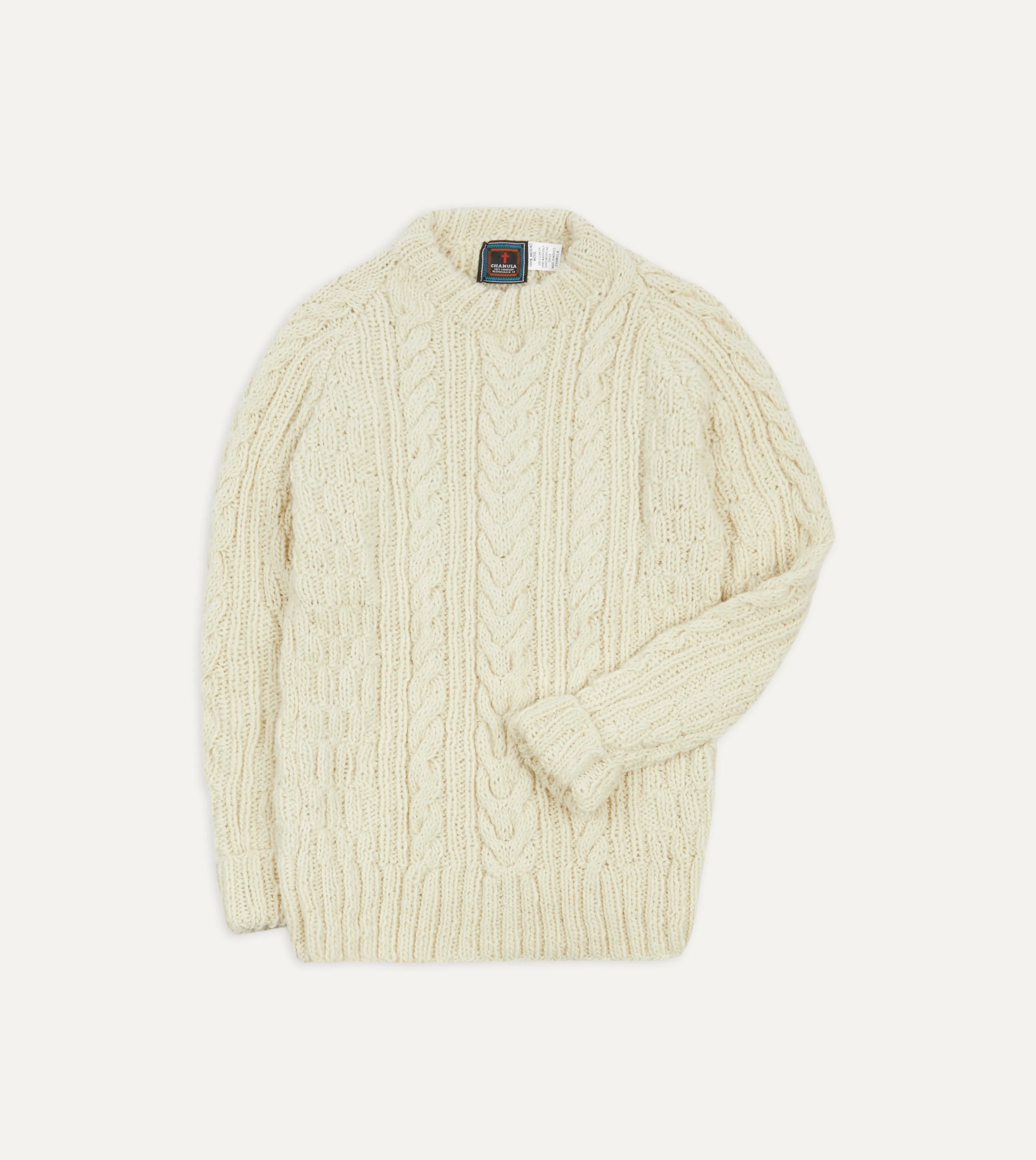 Chamula for Drake's Ecru Cable Knit Merino Jumper