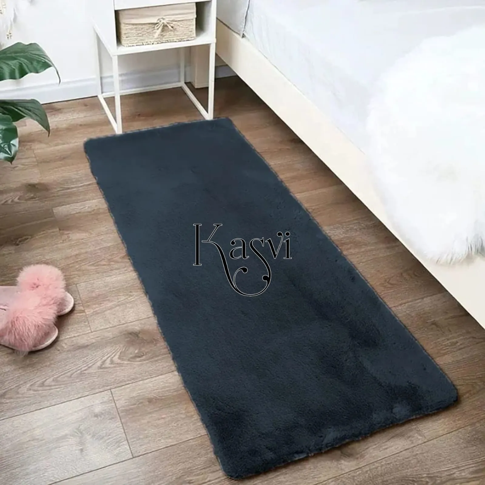 Deep Grey  Shade Super Soft Faux Rabbit Fur Bed Side Runner -GIR001BSDGR