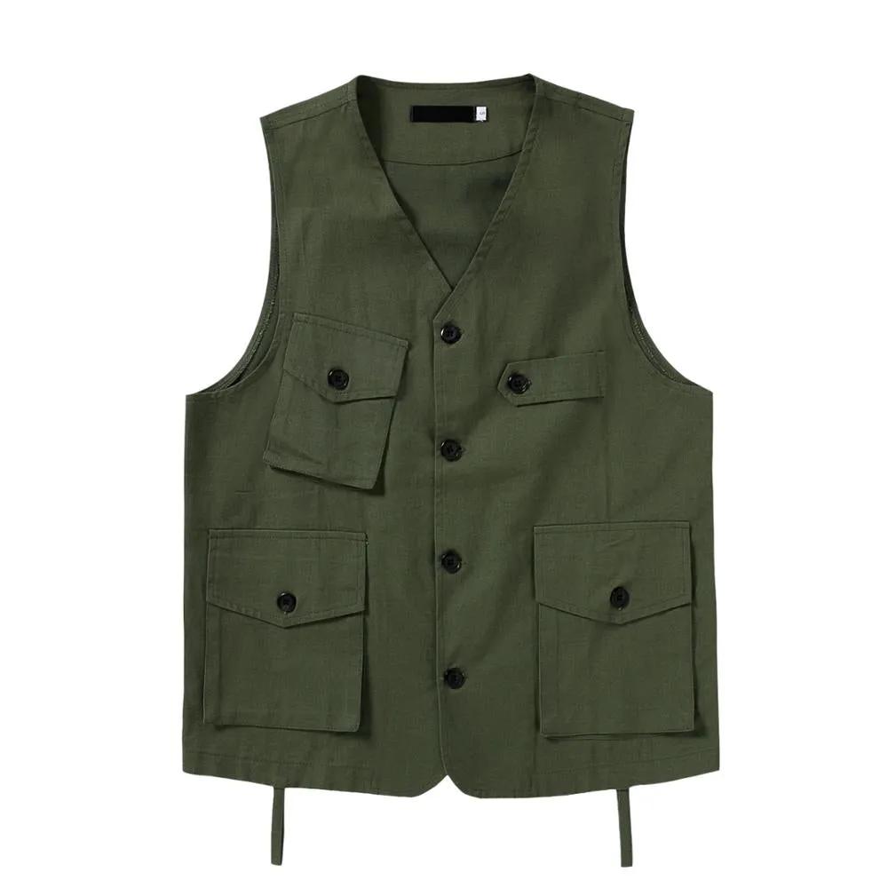 Foesce -Japan Amekaji Vest Men Casual Loose Sleeveless Vests Multi-Pocket V-neck Solid Vintage Cargo Jacket Tops Waistcoat S-XXL