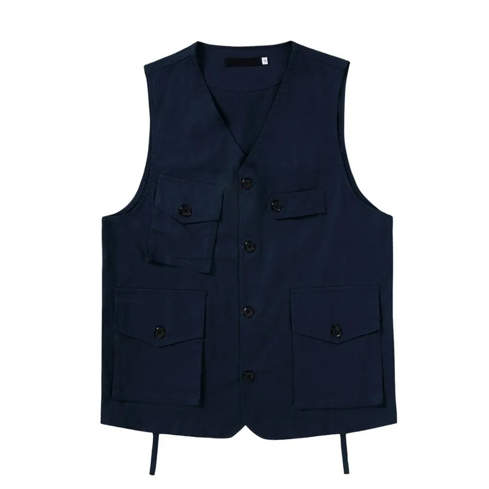 Foesce -Japan Amekaji Vest Men Casual Loose Sleeveless Vests Multi-Pocket V-neck Solid Vintage Cargo Jacket Tops Waistcoat S-XXL