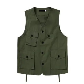 Foesce -Japan Amekaji Vest Men Casual Loose Sleeveless Vests Multi-Pocket V-neck Solid Vintage Cargo Jacket Tops Waistcoat S-XXL