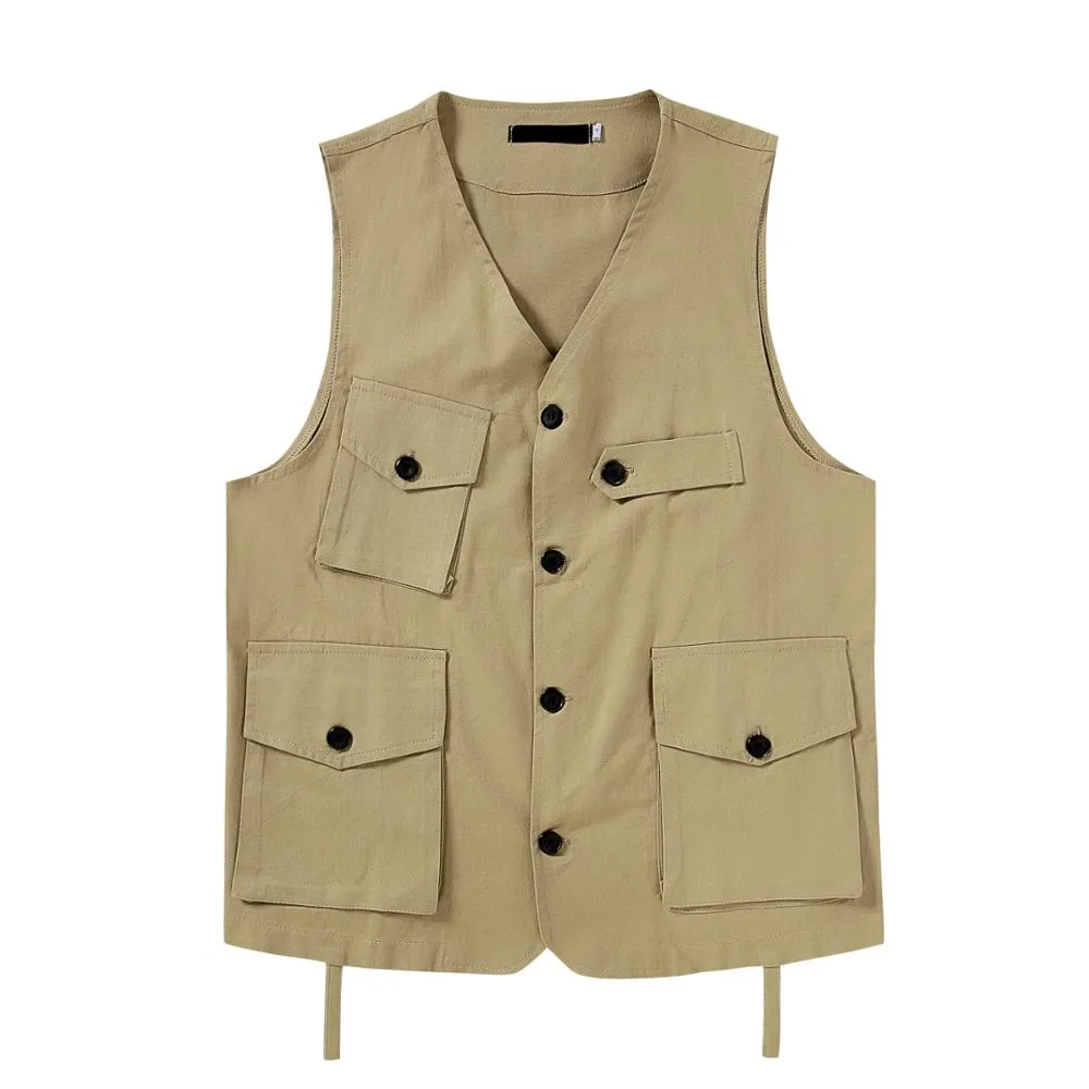 Foesce -Japan Amekaji Vest Men Casual Loose Sleeveless Vests Multi-Pocket V-neck Solid Vintage Cargo Jacket Tops Waistcoat S-XXL