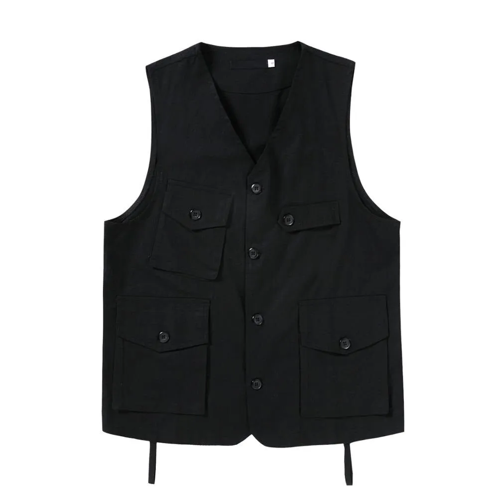 Foesce -Japan Amekaji Vest Men Casual Loose Sleeveless Vests Multi-Pocket V-neck Solid Vintage Cargo Jacket Tops Waistcoat S-XXL