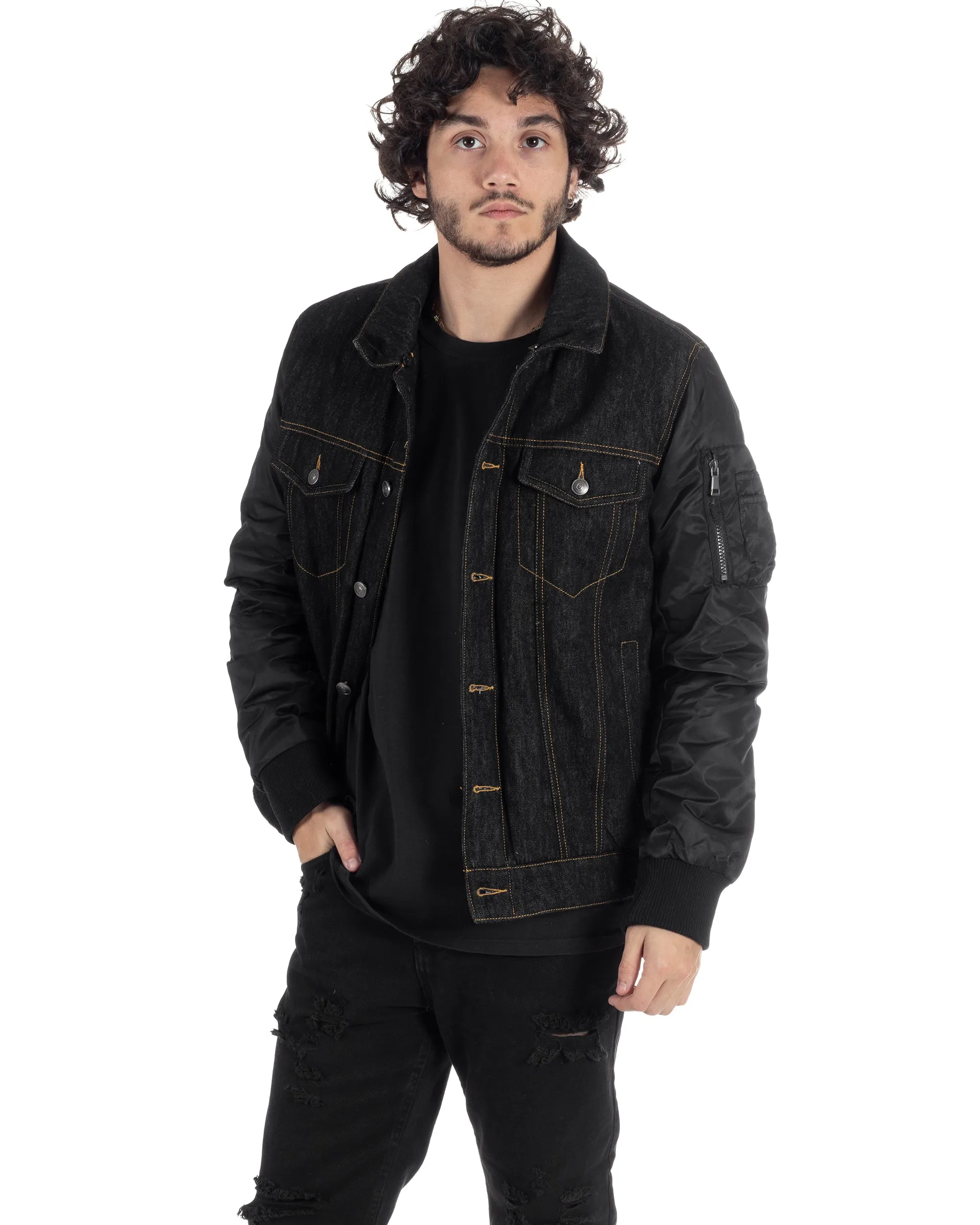 Giubbotto Uomo Jeans Denim Nero Lucido Bomber Con Colletto Pelliccia GIOSAL-G3116A