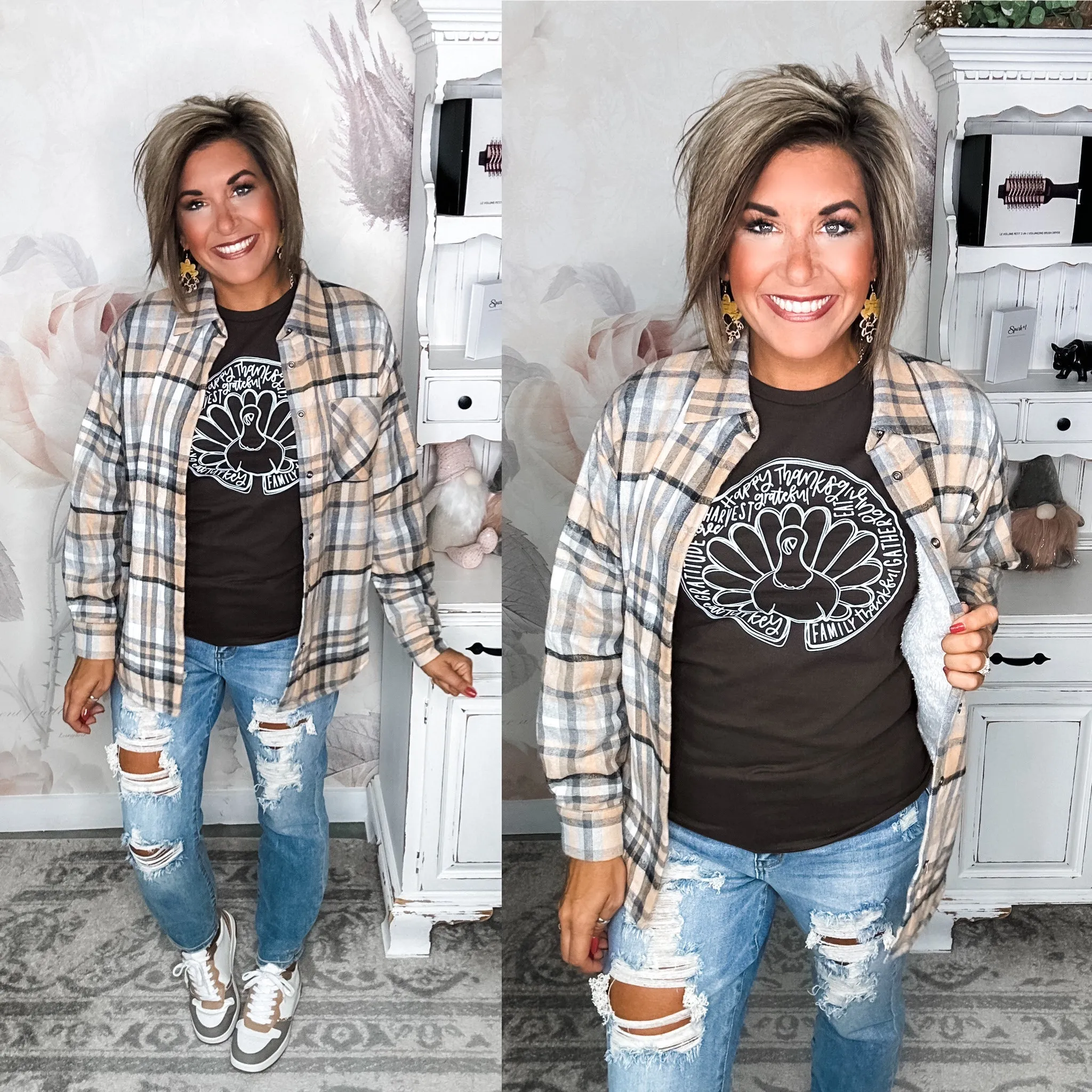 Hand in Hand Plaid Shacket - Taupe Mix