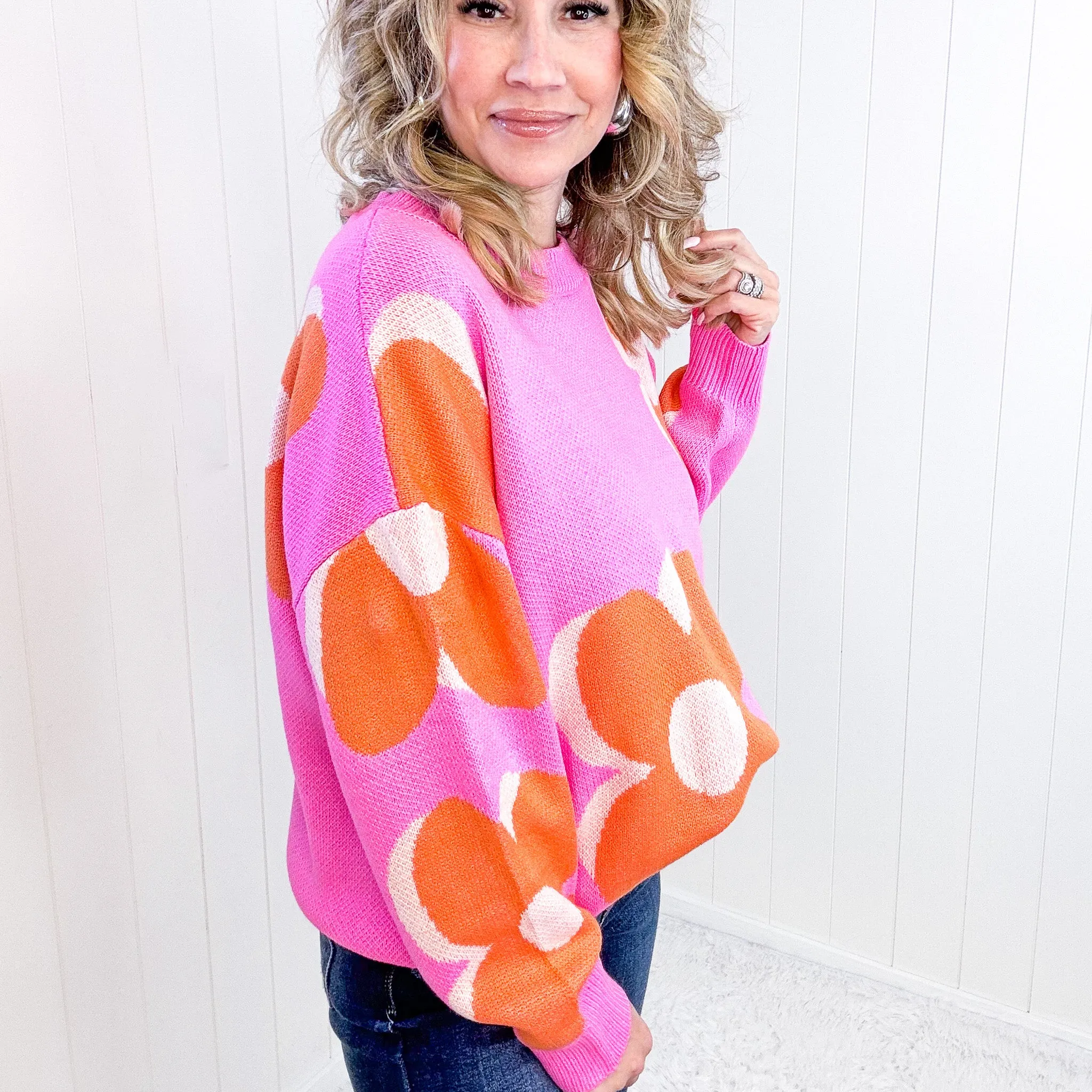 Hot Pink Quietly Bold Mod Orange Floral Sweater