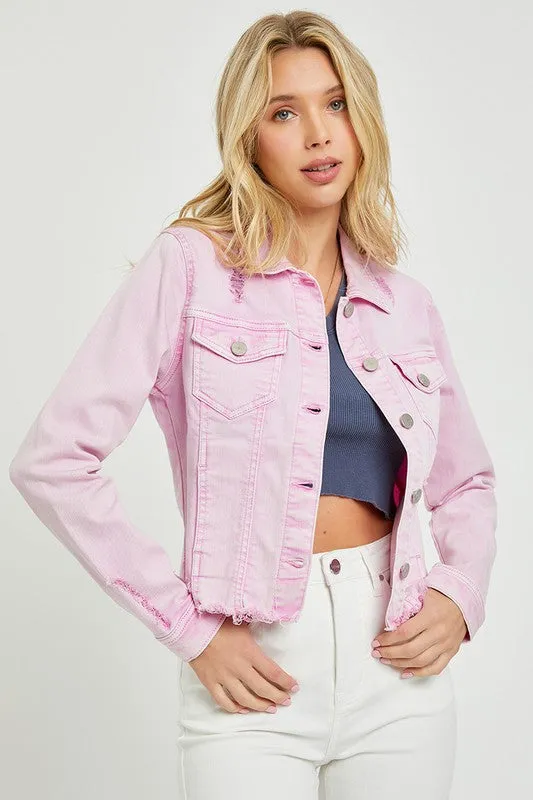 Make Me Happy Fray Hem Color Jean Jacket - Acid Pink