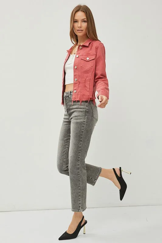 Make Me Happy Fray Hem Color Jean Jacket - Brick