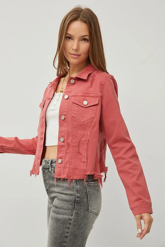 Make Me Happy Fray Hem Color Jean Jacket - Brick