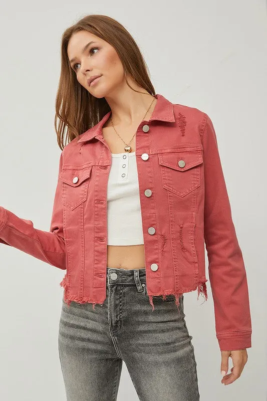 Make Me Happy Fray Hem Color Jean Jacket - Brick