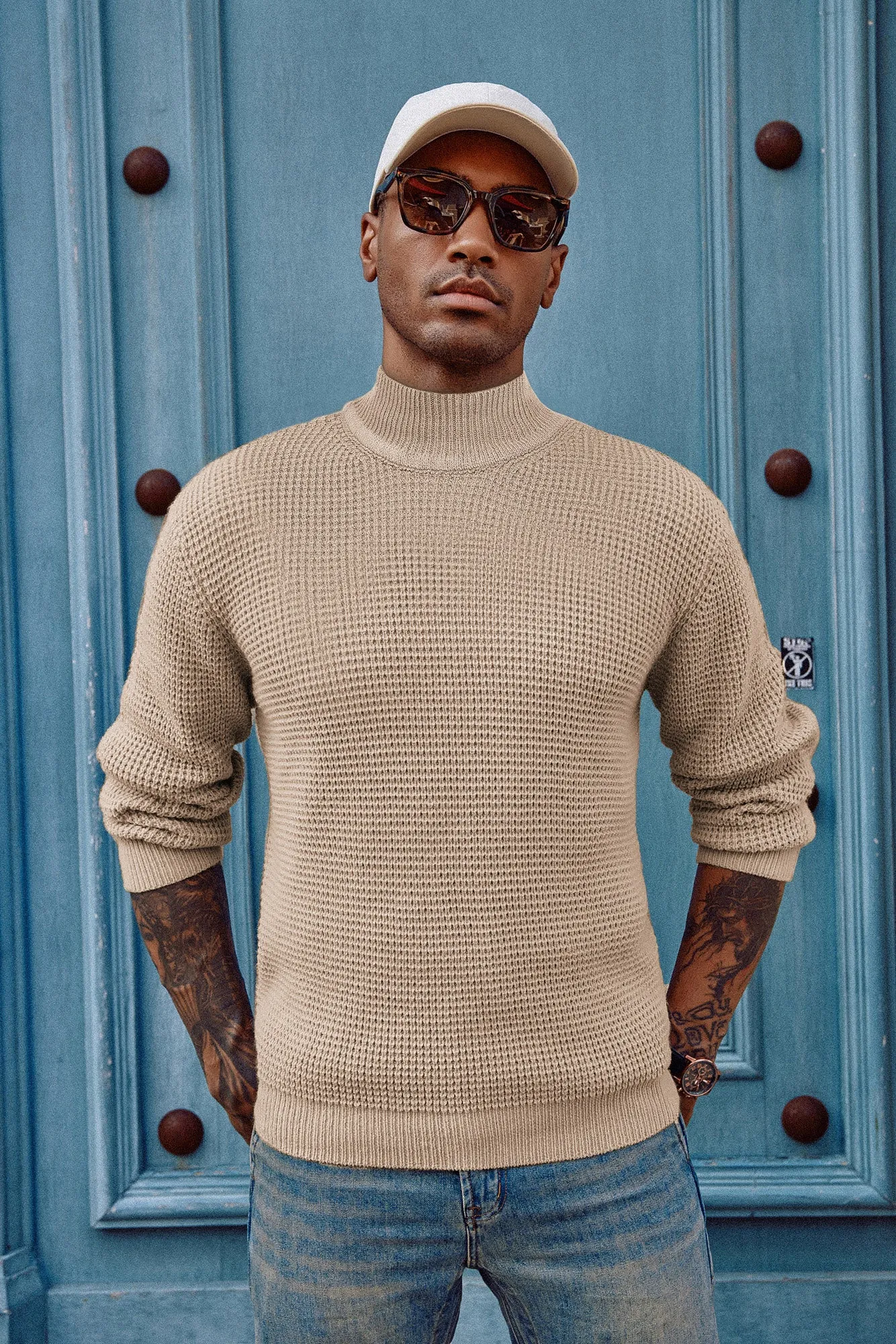 Mock Neck Sweaters Waffle Cable Knit Pullover Sweater