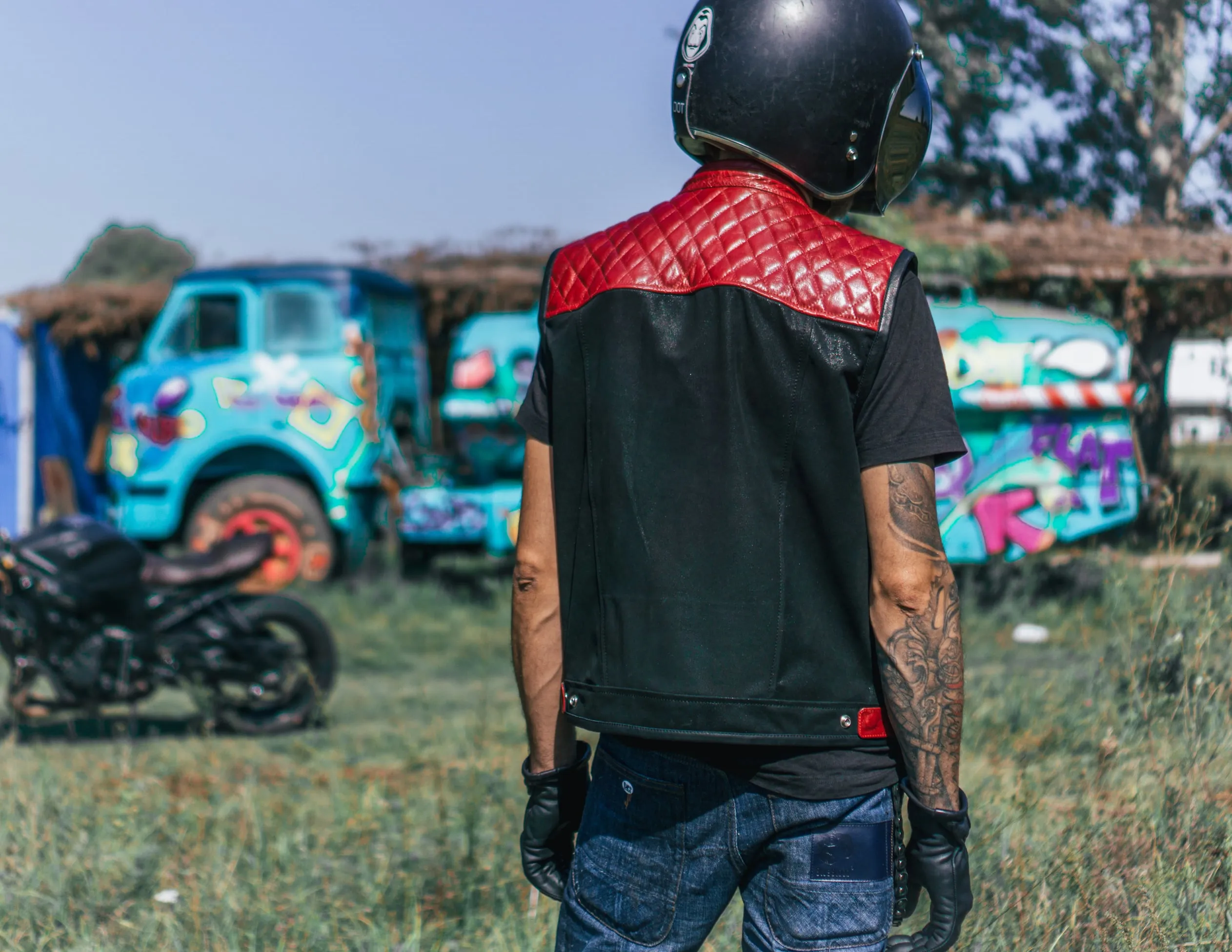 Motorcycle Club Leather Vest, Black & Red