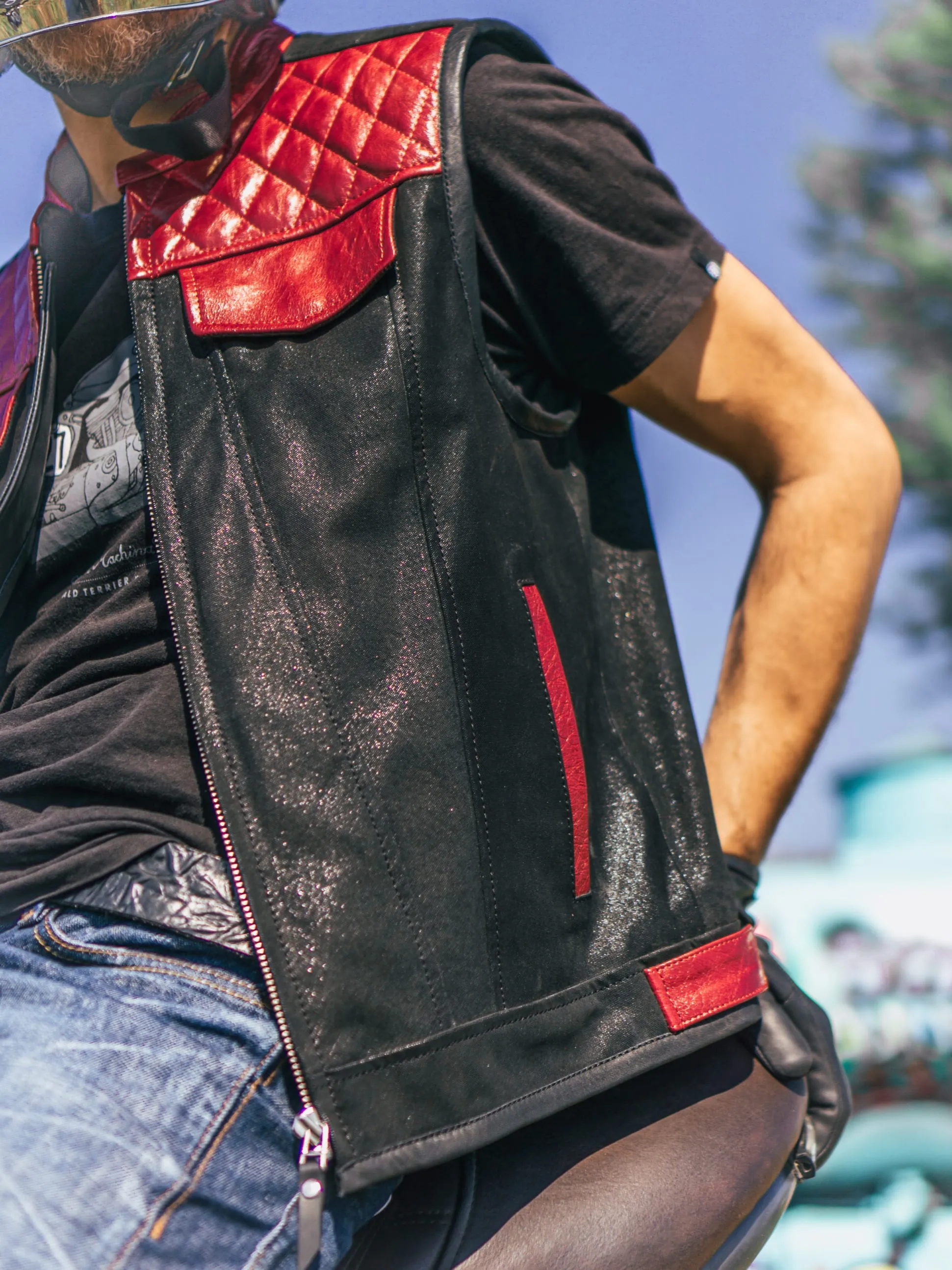 Motorcycle Club Leather Vest, Black & Red