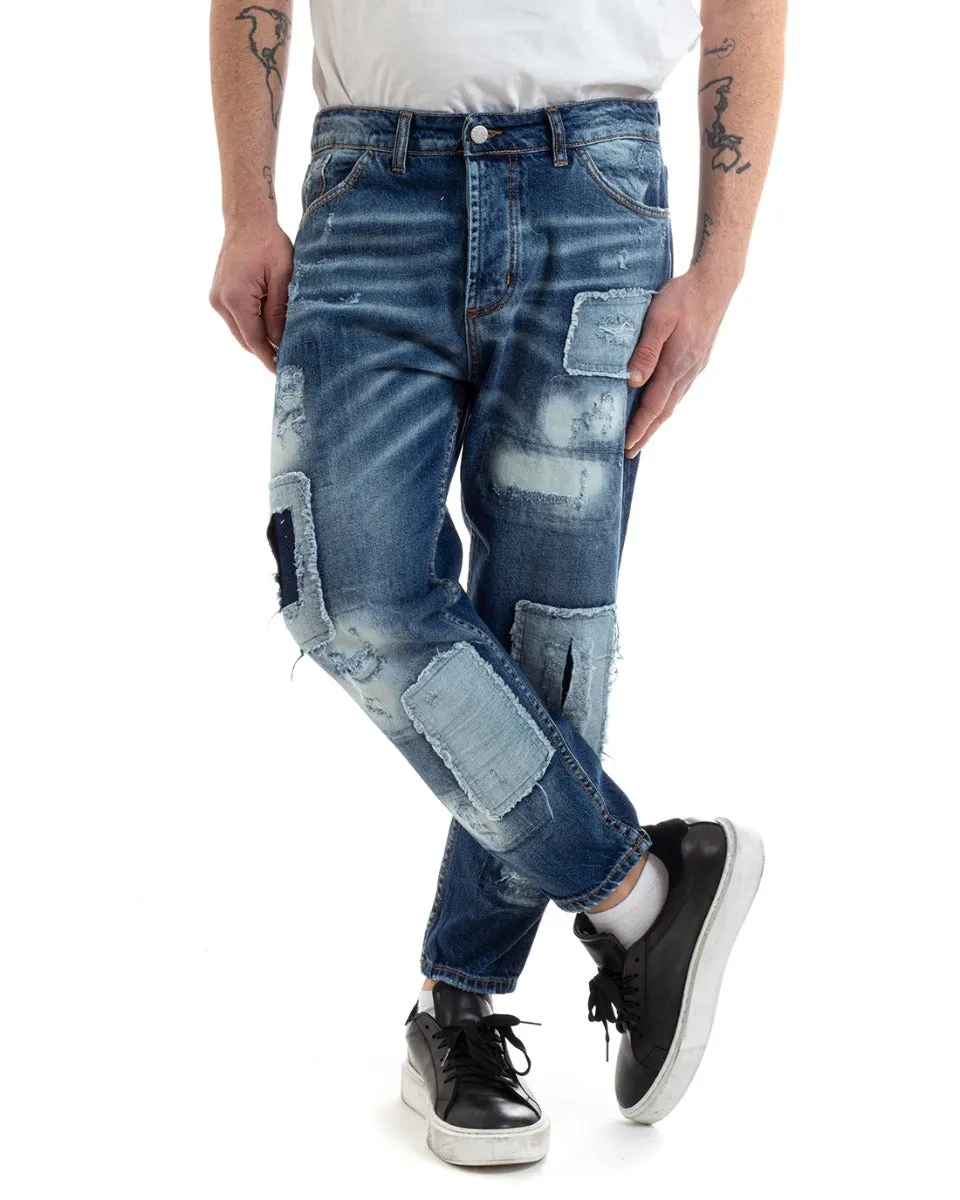 Pantaloni Jeans Uomo Loose Fit Denim Scuro Cinque Tasche Con Rotture Casual GIOSAL-P5674A