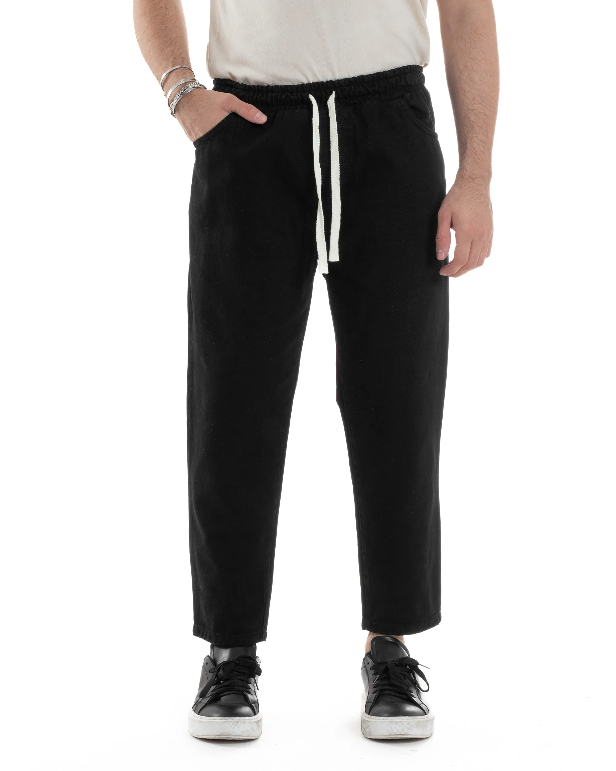 Pantaloni Jeans Uomo Regular Fit Pantalaccio Semplice Jogger Tinta Unita Nero GIOSAL-JS1026A