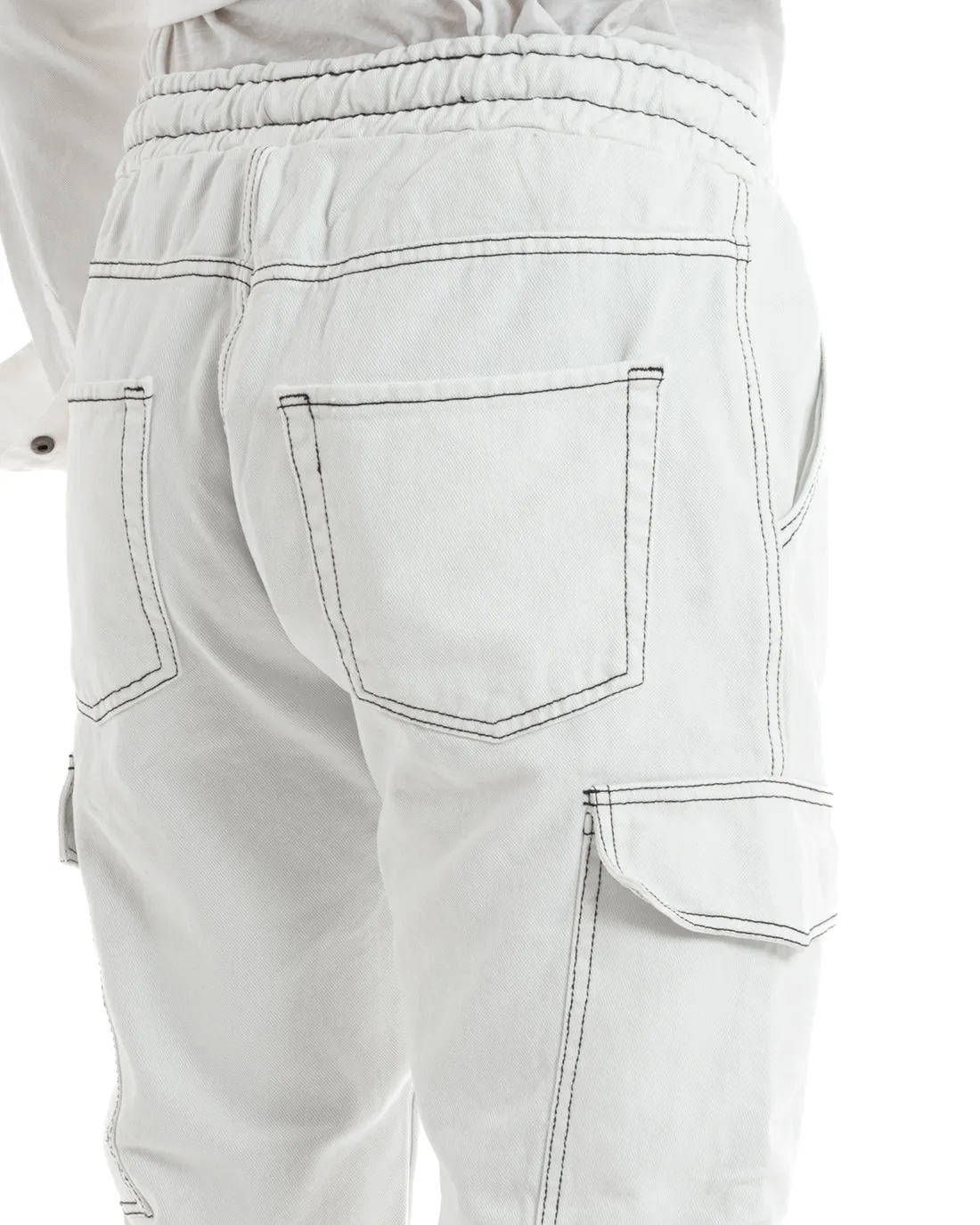 Pantaloni Jeans Uomo Straight Fit Cargo Pantalaccio Bianco GIOSAL-P5926A