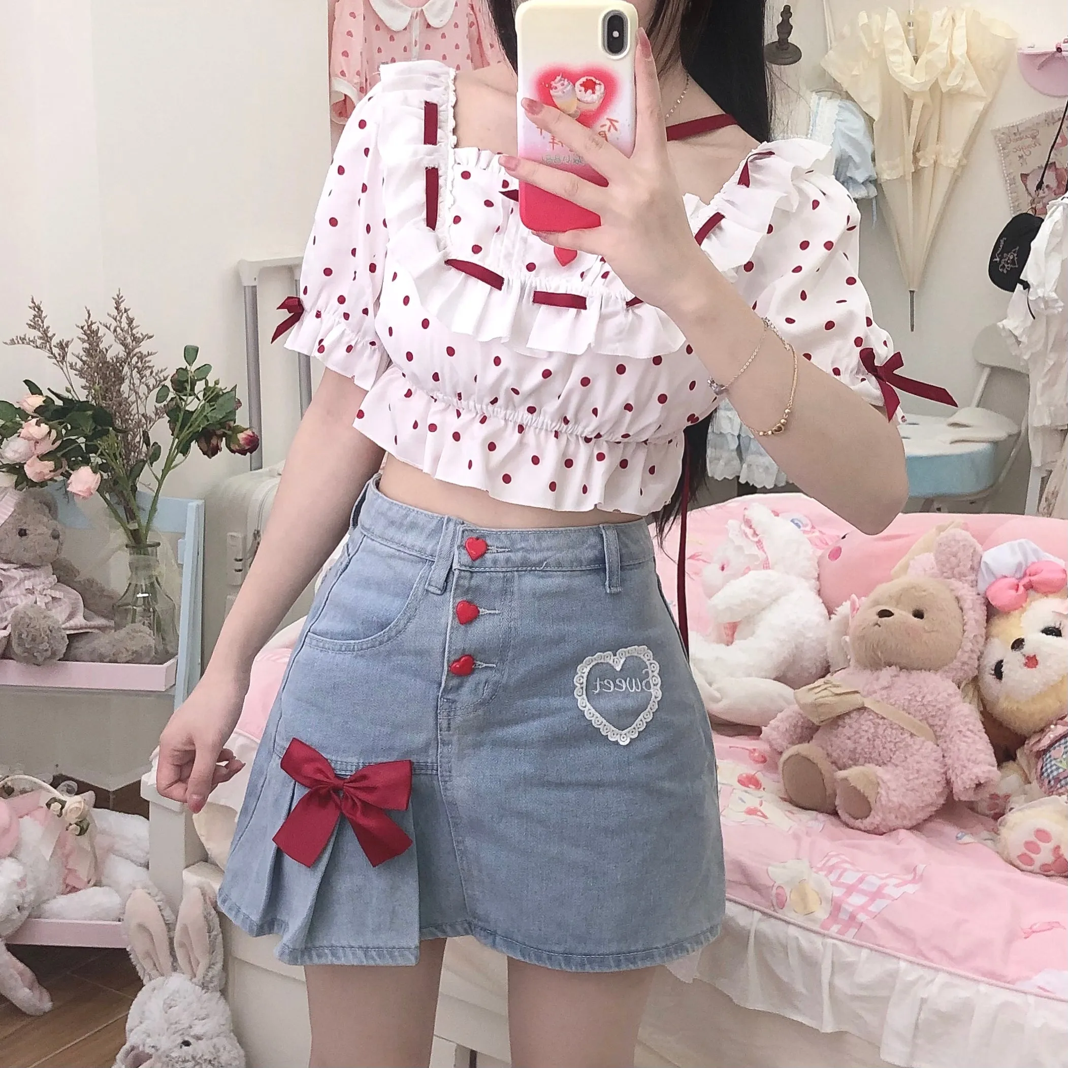 Red Button Bow Lace Embroidery Denim Mini Skirt