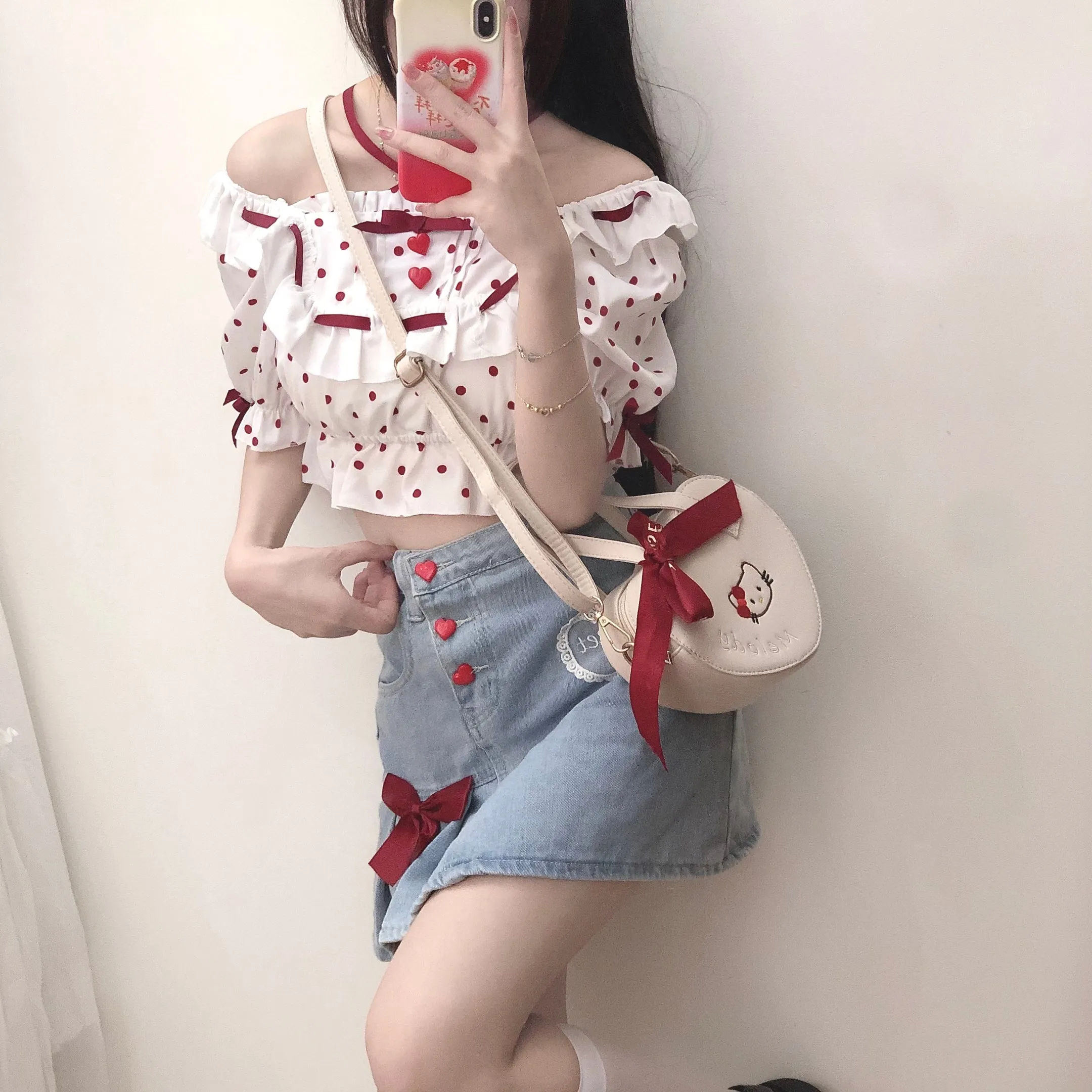 Red Button Bow Lace Embroidery Denim Mini Skirt