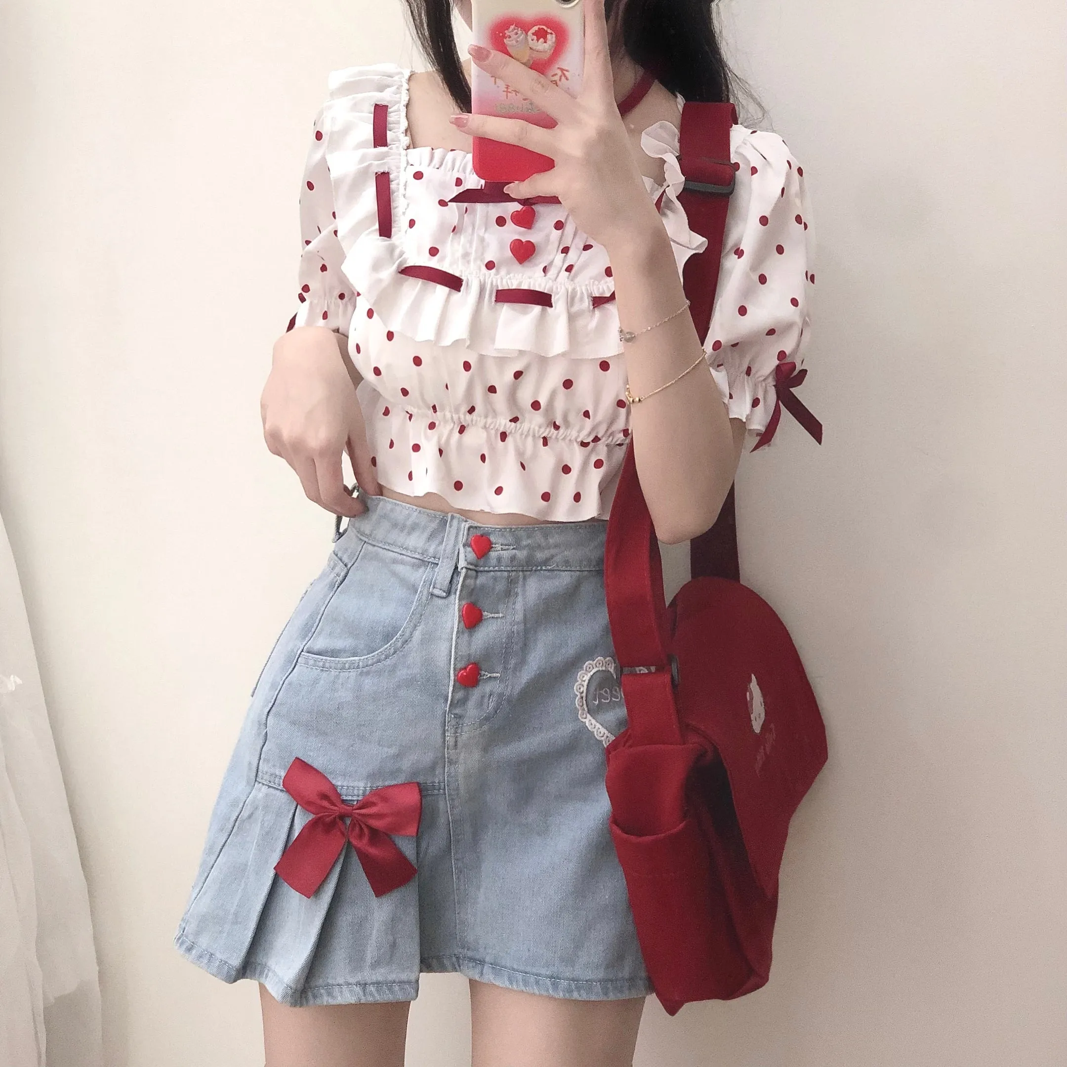 Red Button Bow Lace Embroidery Denim Mini Skirt