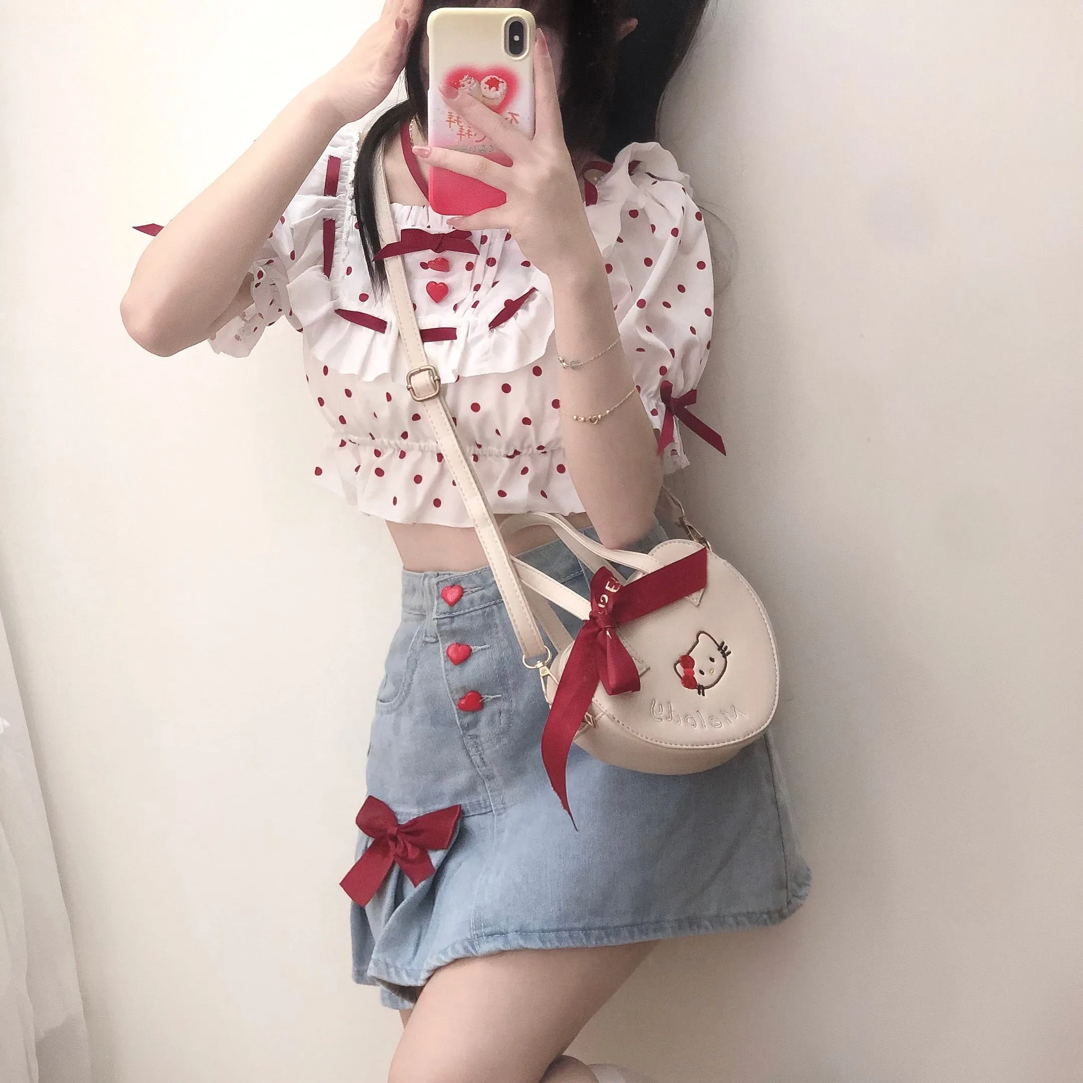 Red Button Bow Lace Embroidery Denim Mini Skirt