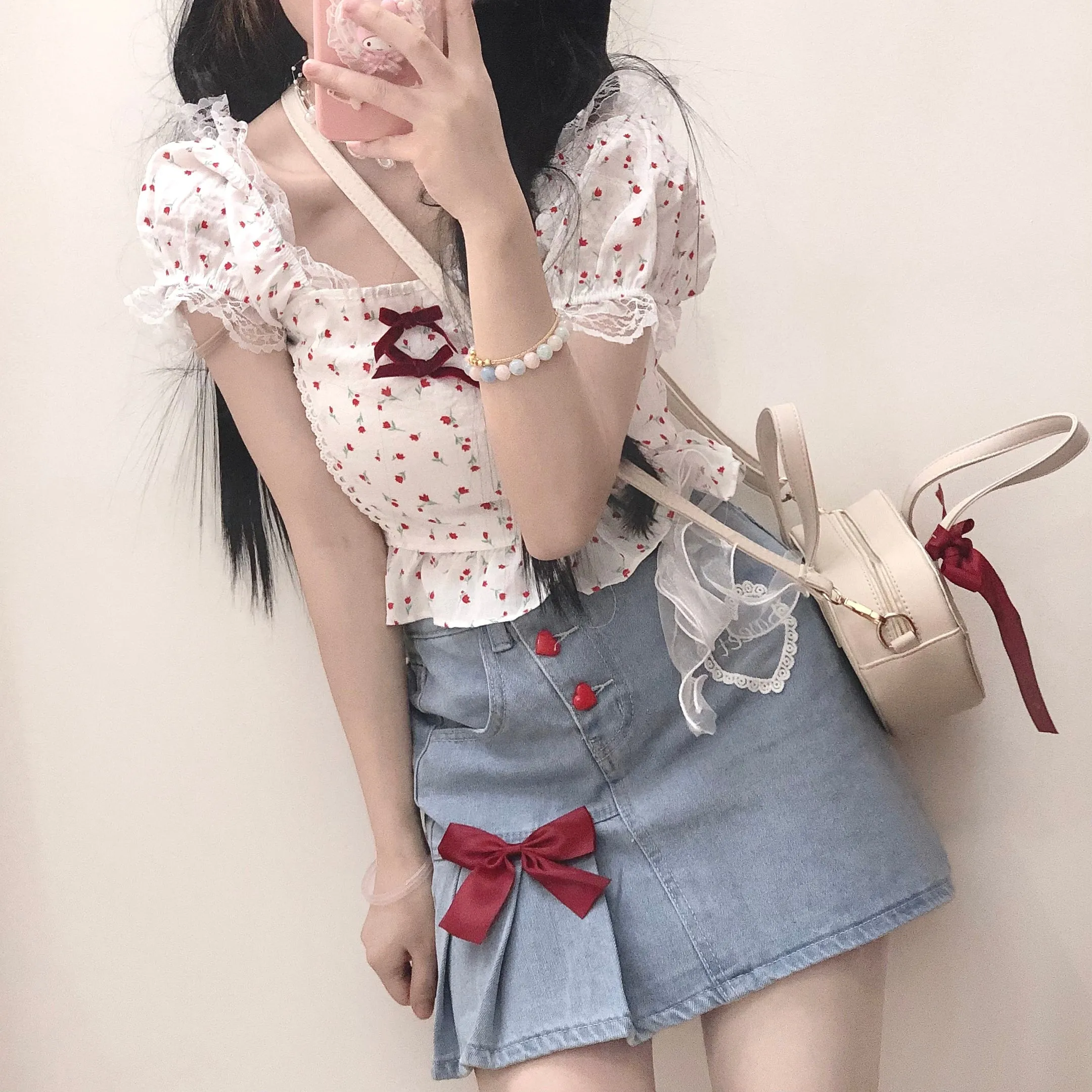 Red Button Bow Lace Embroidery Denim Mini Skirt