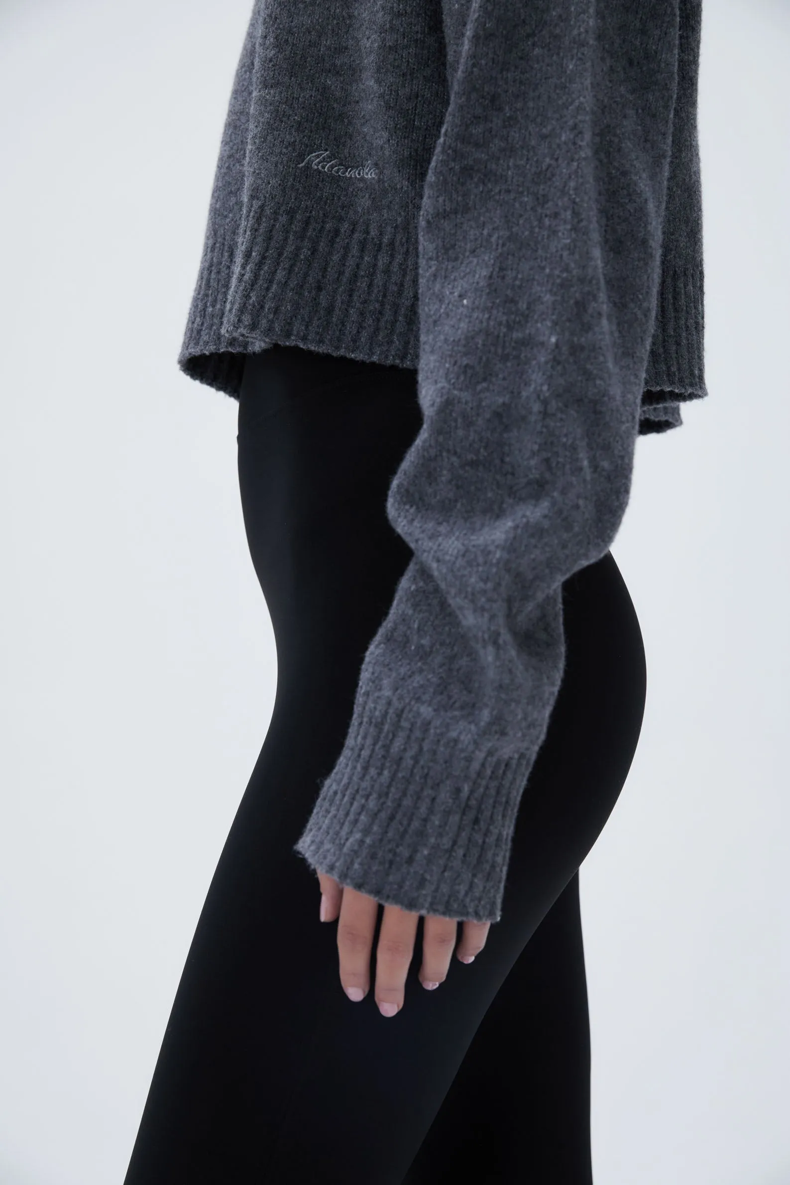 V Neck Knit Sweatshirt - Dark Grey